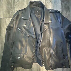7 For All Mankind Grey Faux‑Leather Moto Jacket